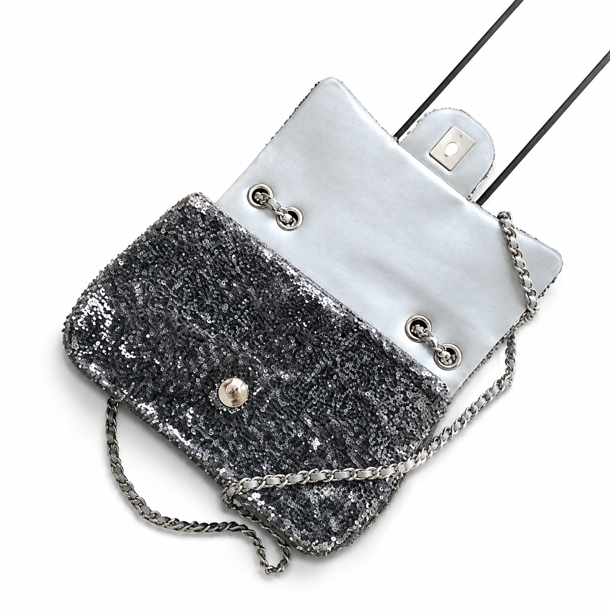 Chanel Charcoal Sequin Flap Bag | Crystal Tennis Chain Strap & Silver Snap Closure