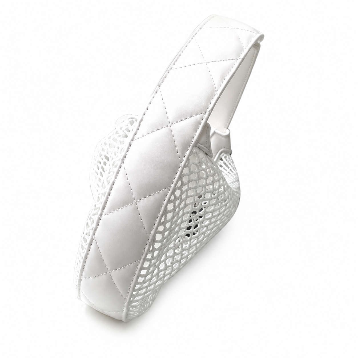 Chanel White Quilted Leather & Mesh Crescent Hobo Bag | Dual-Layer Construction & Silver Zip