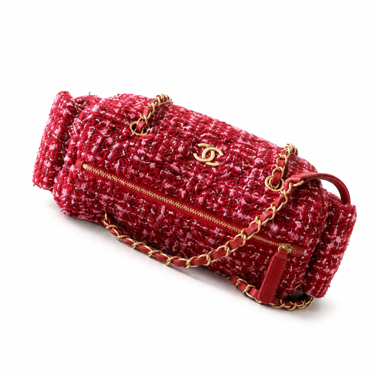 Chanel Red Multicolour Bouclé Tweed Camera Bag | Front Zip Pocket, Antique Gold CC & Red Leather Chain