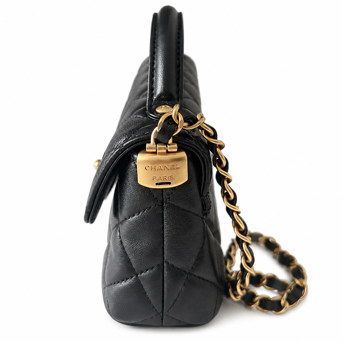 Chanel Black Lambskin Quilted Mini Flap Bag | CHANEL PARIS Gold Padlock Clasp & Gold Chain