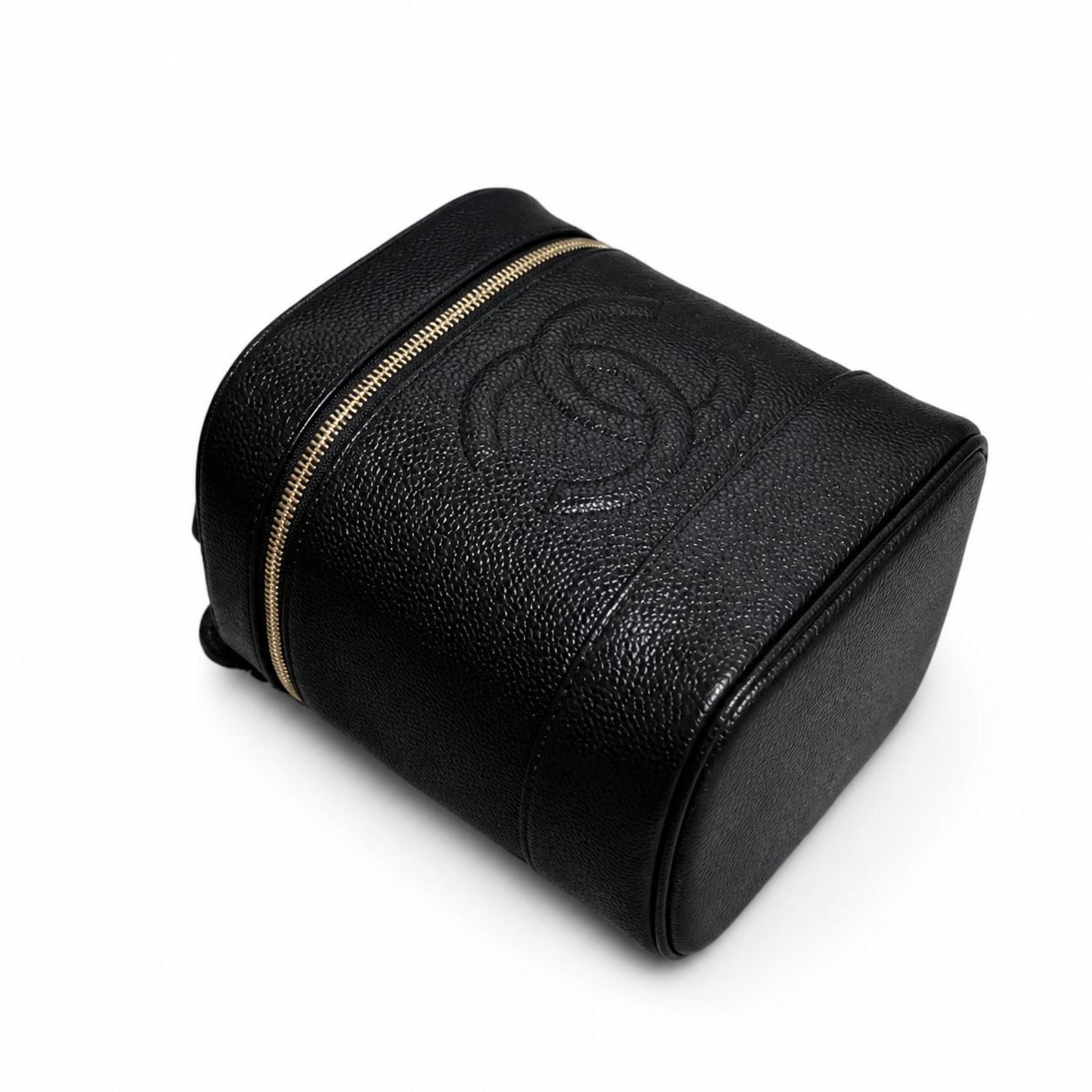 Chanel CC Caviar Leather Vanity Cylinder Case | Black & Gold Zip — 17cm