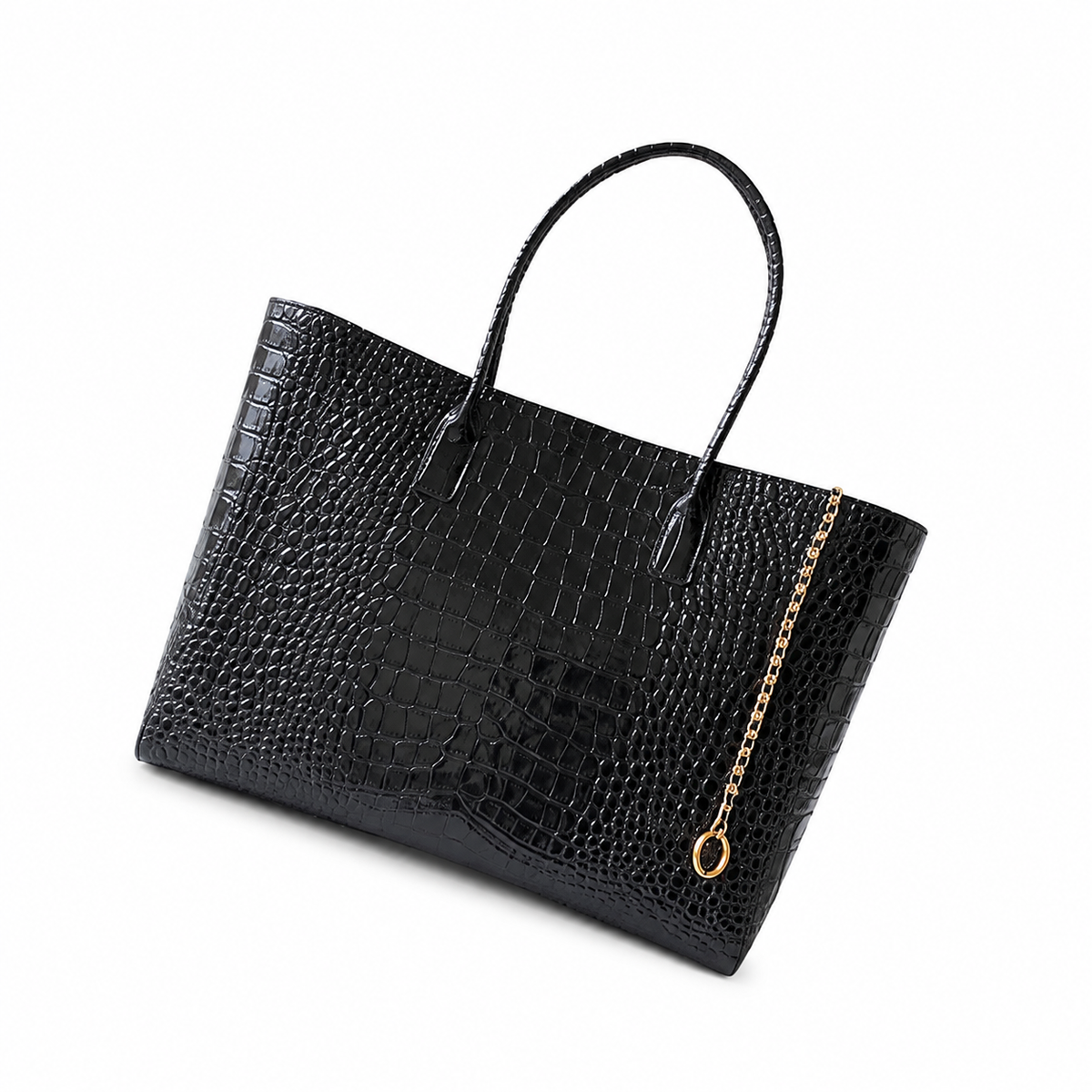 Chanel Black High-Gloss Croc-Embossed Large Shopping Tote | Gold CC Turn-Lock & Chain Zip Pocket