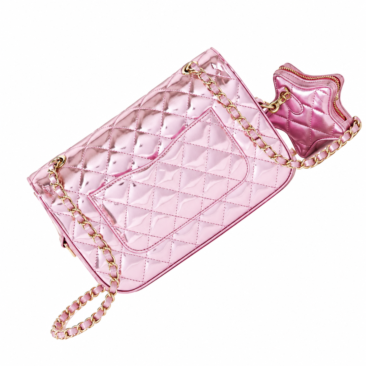 Chanel Quilted Metallic Flap Bag with Star Coin Purse Pink 15.5×24×7.5cm
