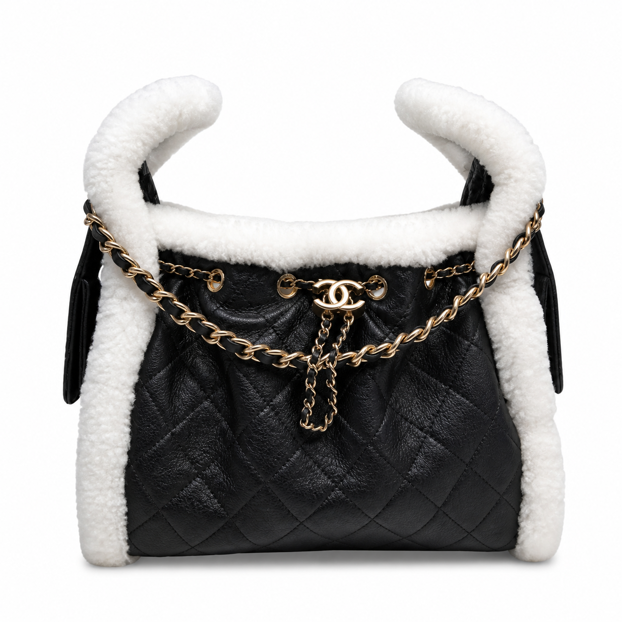 Chanel Quilted Hobo Bag Black Calfskin & White Shearling | Gold CC Chain — 30cm