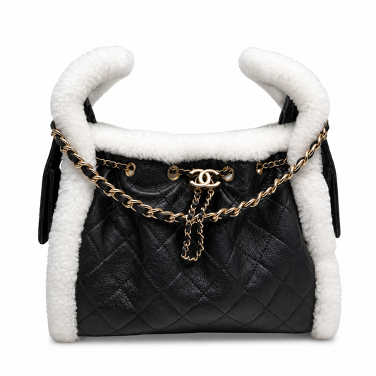 Chanel Quilted Hobo Bag Black Calfskin & White Shearling | Gold CC Chain — 30cm