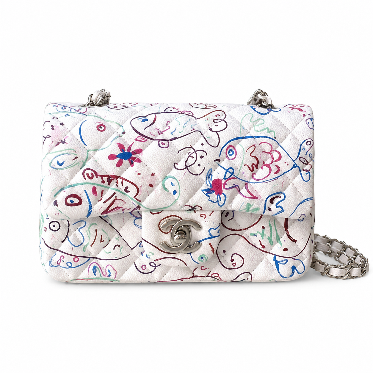 Chanel Mini Rectangular Flap Bag | Graffiti Art Print Silver CC White — 20cm