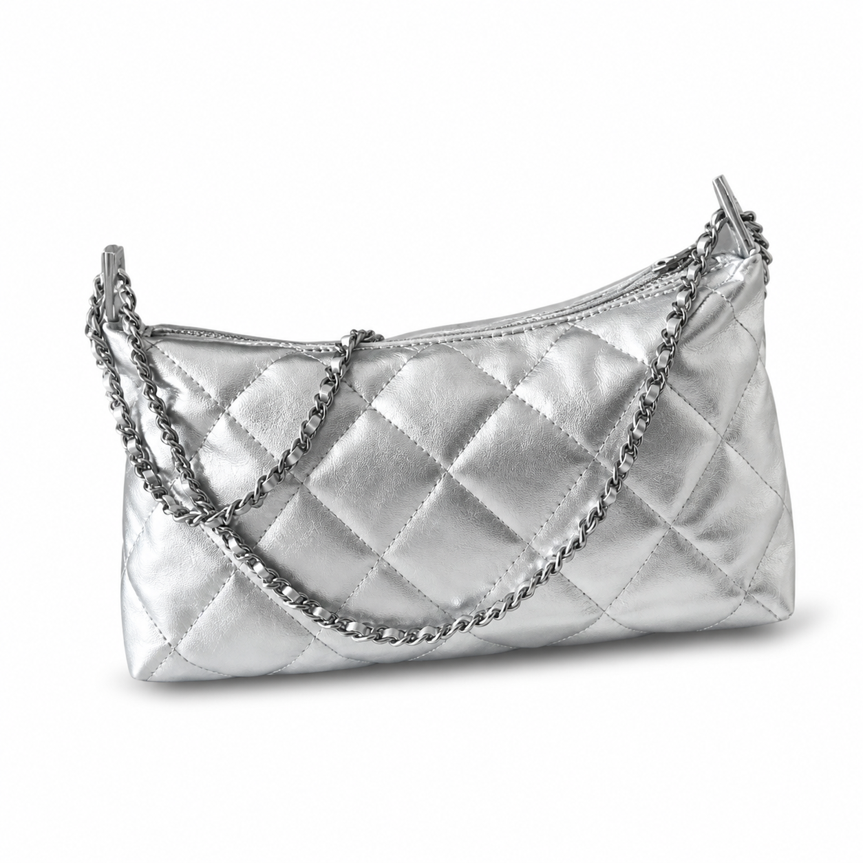 Chanel Silver Metallic Quilted Hobo | Tonal CC & Draped All-Chain Strap — 26cm