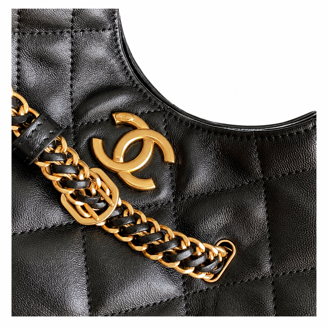 Chanel Black Quilted Lambskin Large Hobo Bag with CC Emblem & Decorative Chain