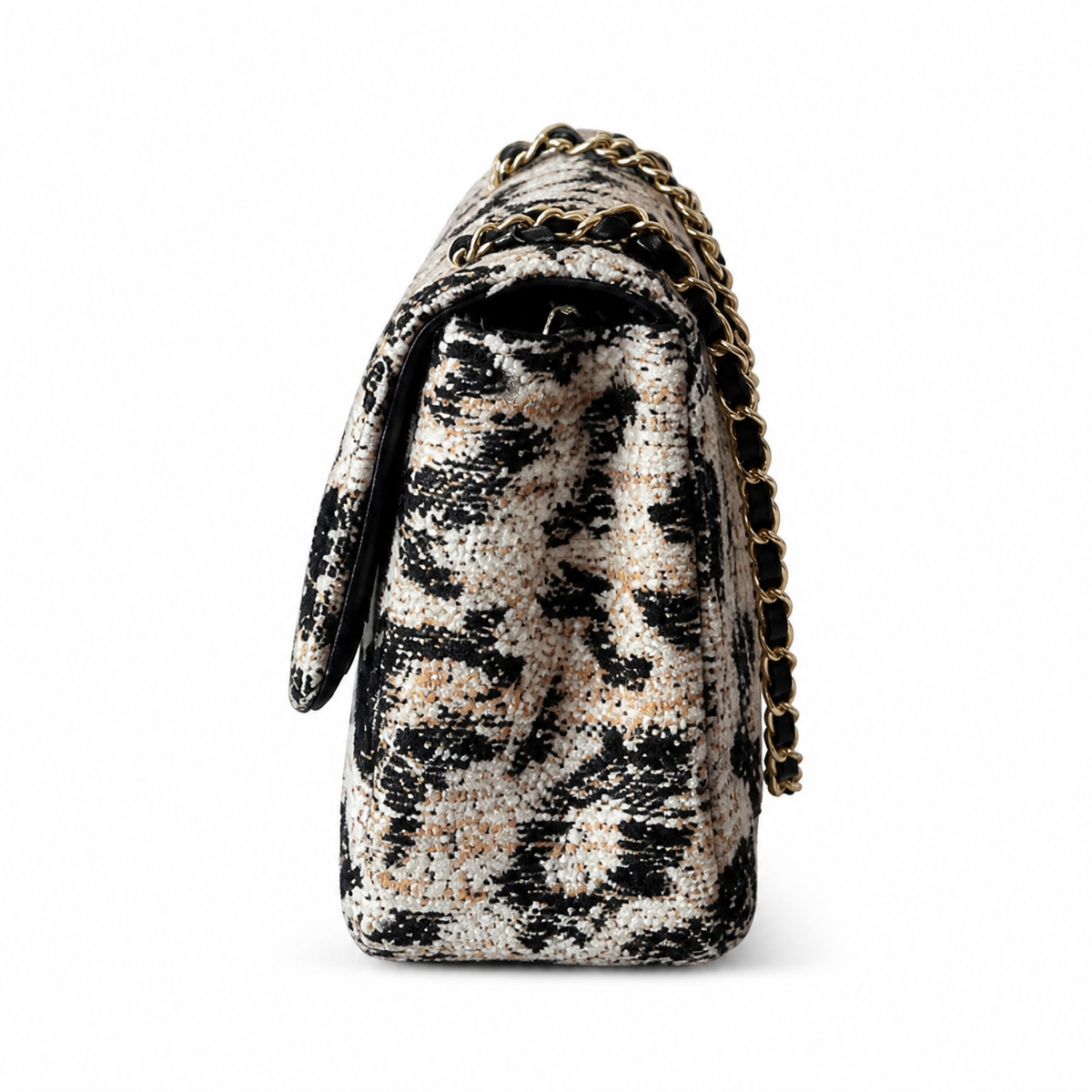 Chanel Classic Flap Bag Leopard Print Tweed Black Beige | Aged Gold CC — 32cm