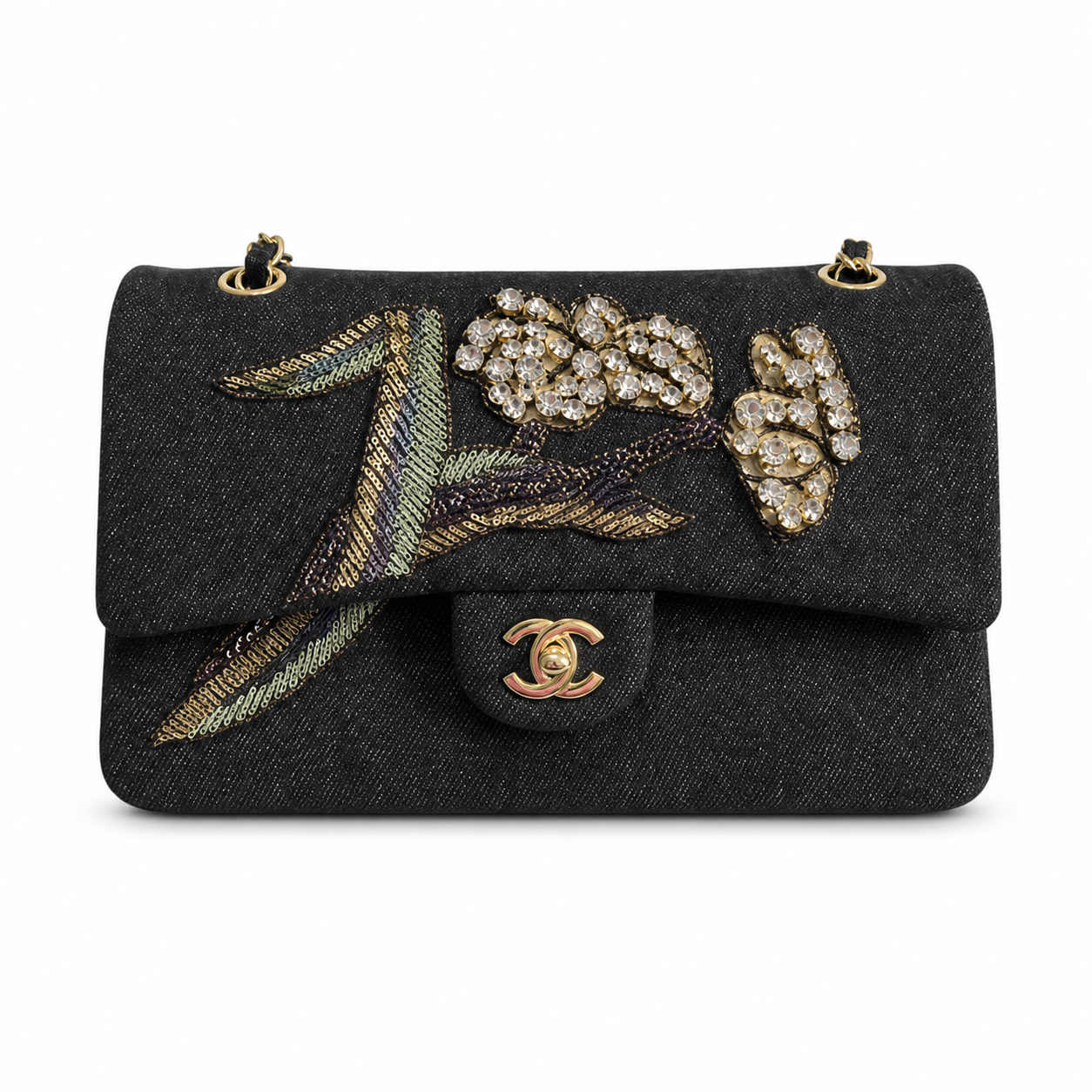 Chanel Dark Denim Medium Flap | Hand-Embroidered Crystal Flowers & Antique Gold CC — 25.5cm