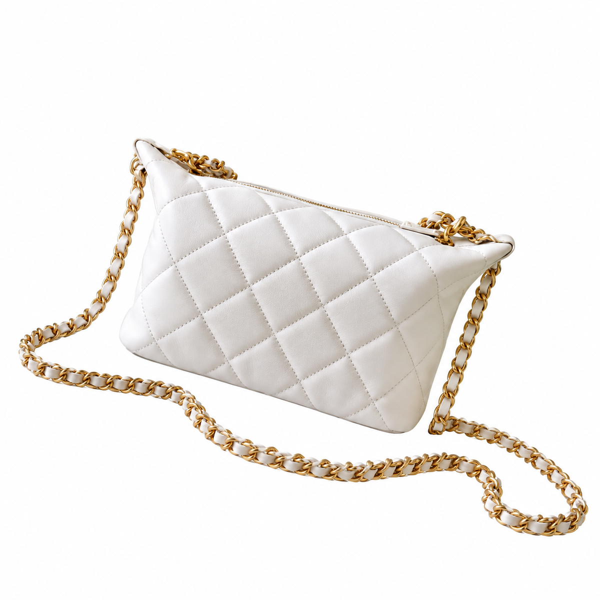 Chanel Quilted Zip Hobo Bag White 13×23.5×7.5cm