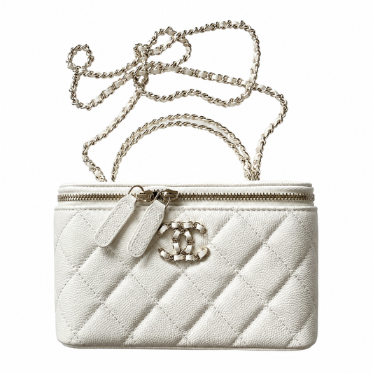 Chanel White Diagonal Quilted Caviar Vanity Box Bag | Silver CC Chain