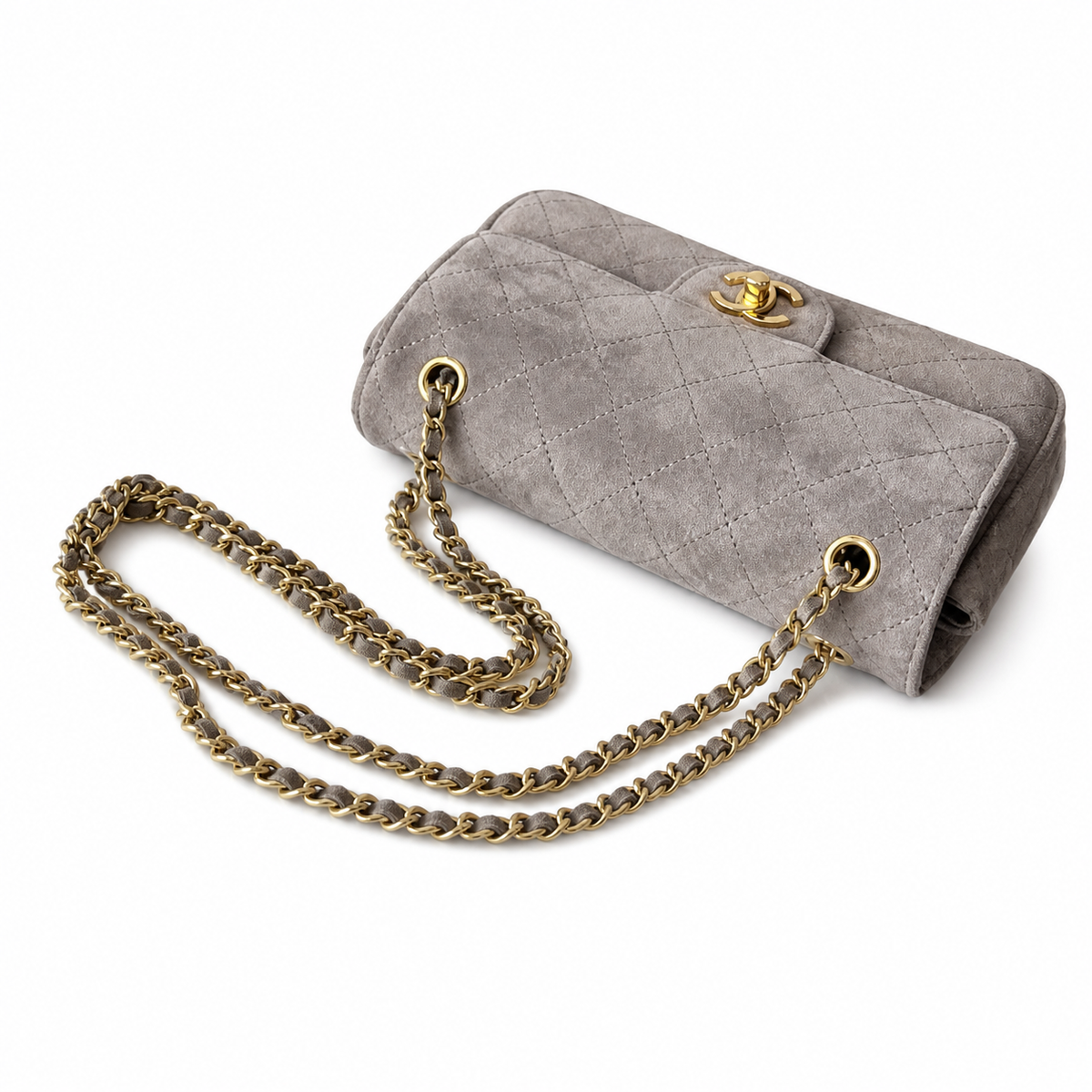 Chanel Classic Single Flap Bag Dove Grey Quilted Suede | Matte Gold CC Turn-Lock — 20cm