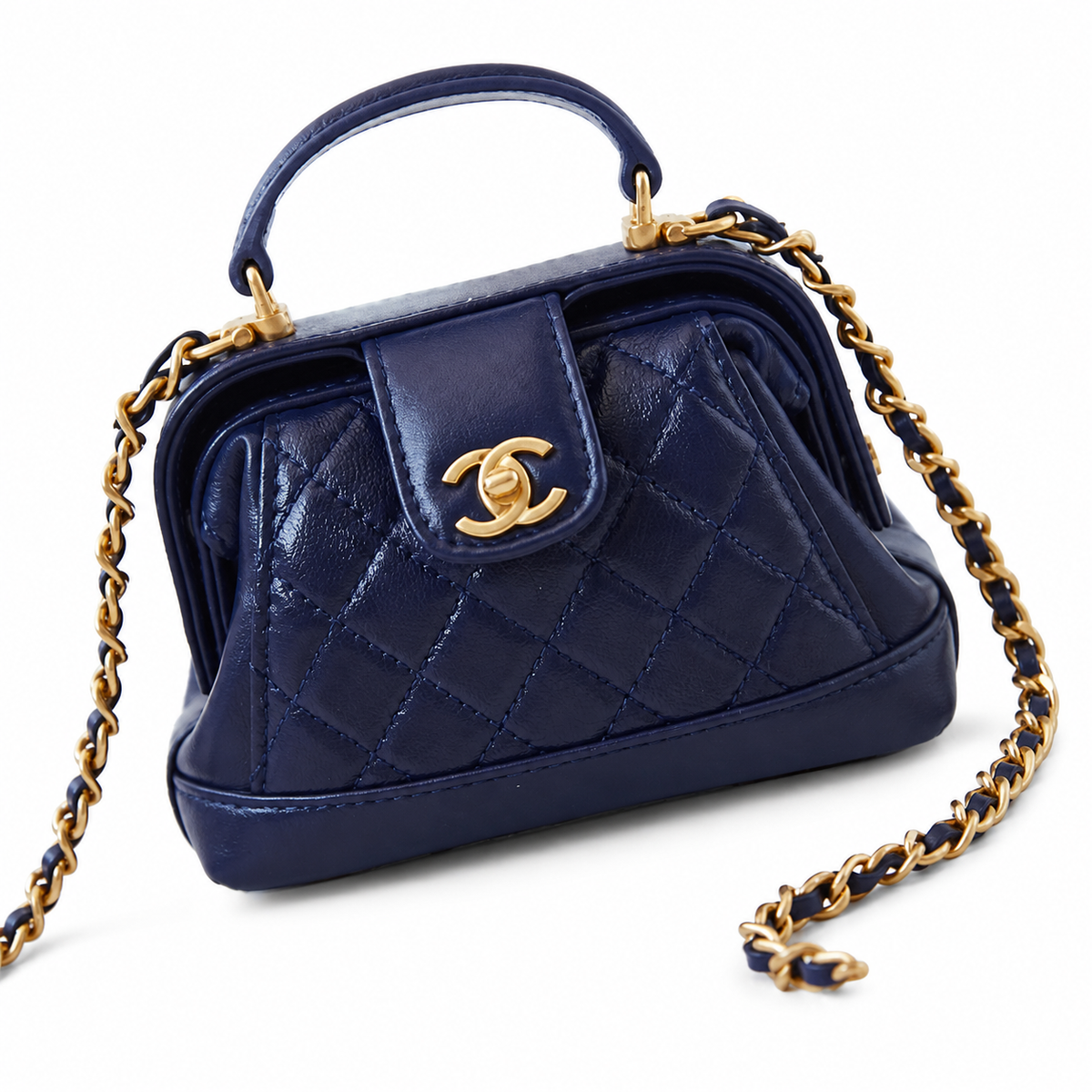 Chanel Mini Top Handle Box Bag | CC Turn-Lock Gold Chain Navy Blue — 9x13cm