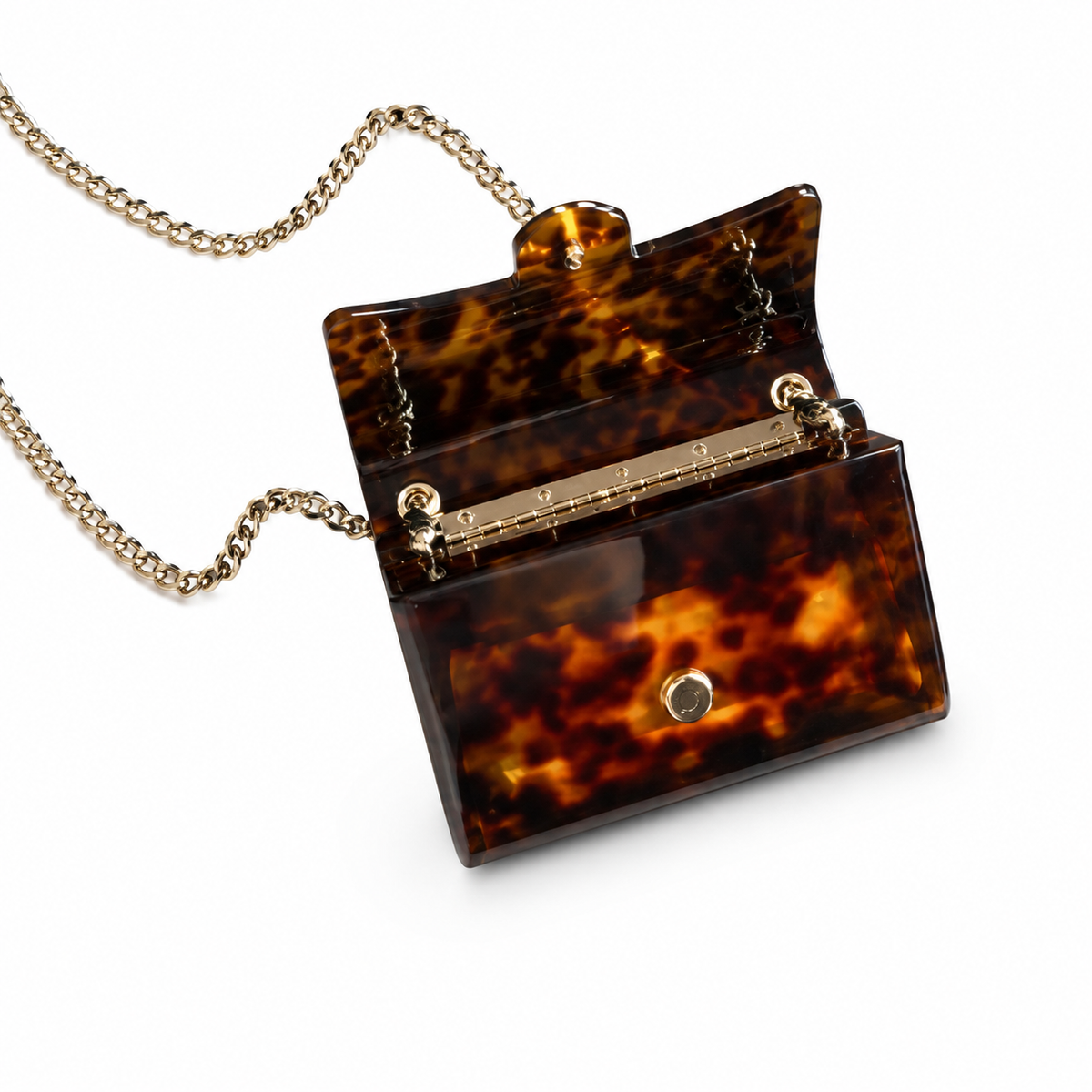 Chanel Tortoiseshell Resin Minaudière Clutch | Gold Hinge Chain Brown — 9x12cm