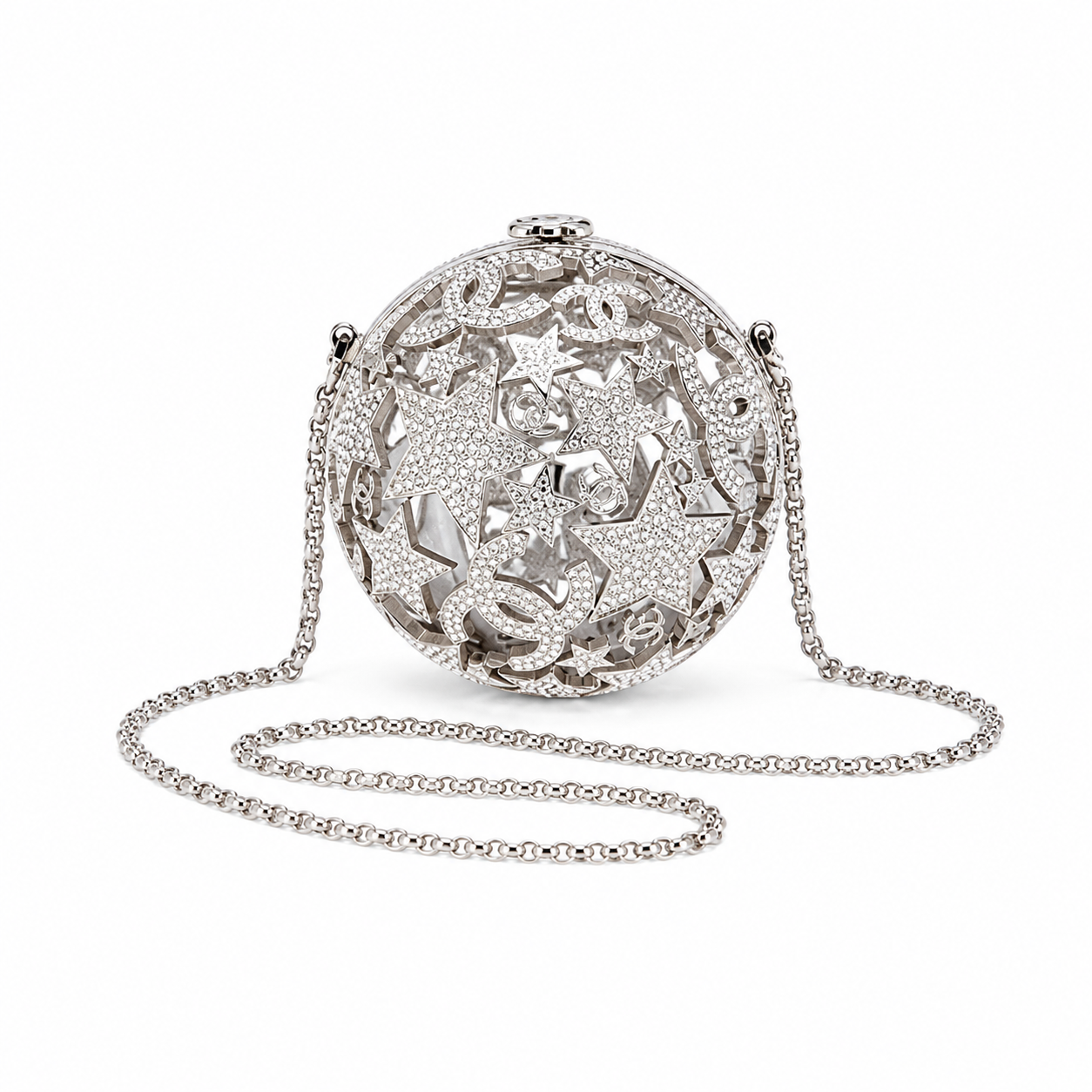 Chanel CC Crystal Star Globe Minaudiere | Silver Filigree & Chain — 13cm
