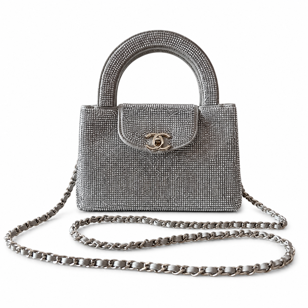 Chanel Silver Crystal Mini Top-Handle Flap | Gold CC Turn-Lock & All-Chain Strap — 19cm