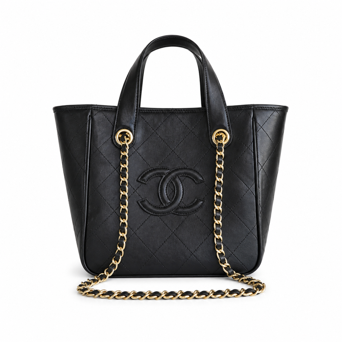 Chanel Small Shopping Tote Black Quilted Lambskin | Oversized Embossed CC & Gold Chain — 21cm
