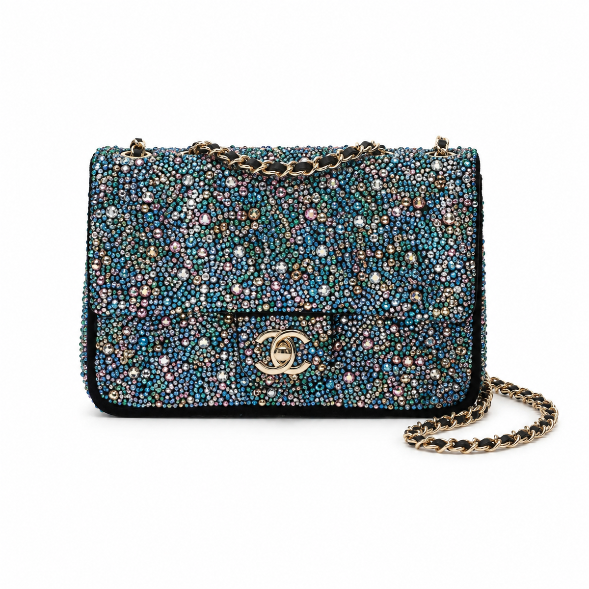 Chanel Teal & Aurora Borealis All-Over Rhinestone Flap Bag | Mixed-Size Multicolour Crystals & Gold CC Turn-Lock