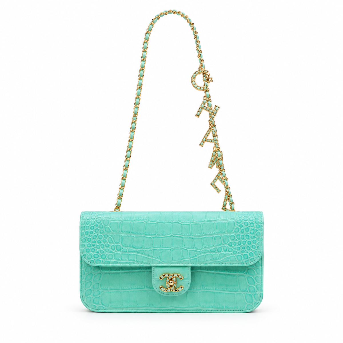Chanel Aqua Turquoise Croc-Embossed Flap Bag | Pearl CC Turn-Lock & Letter Charm Chain