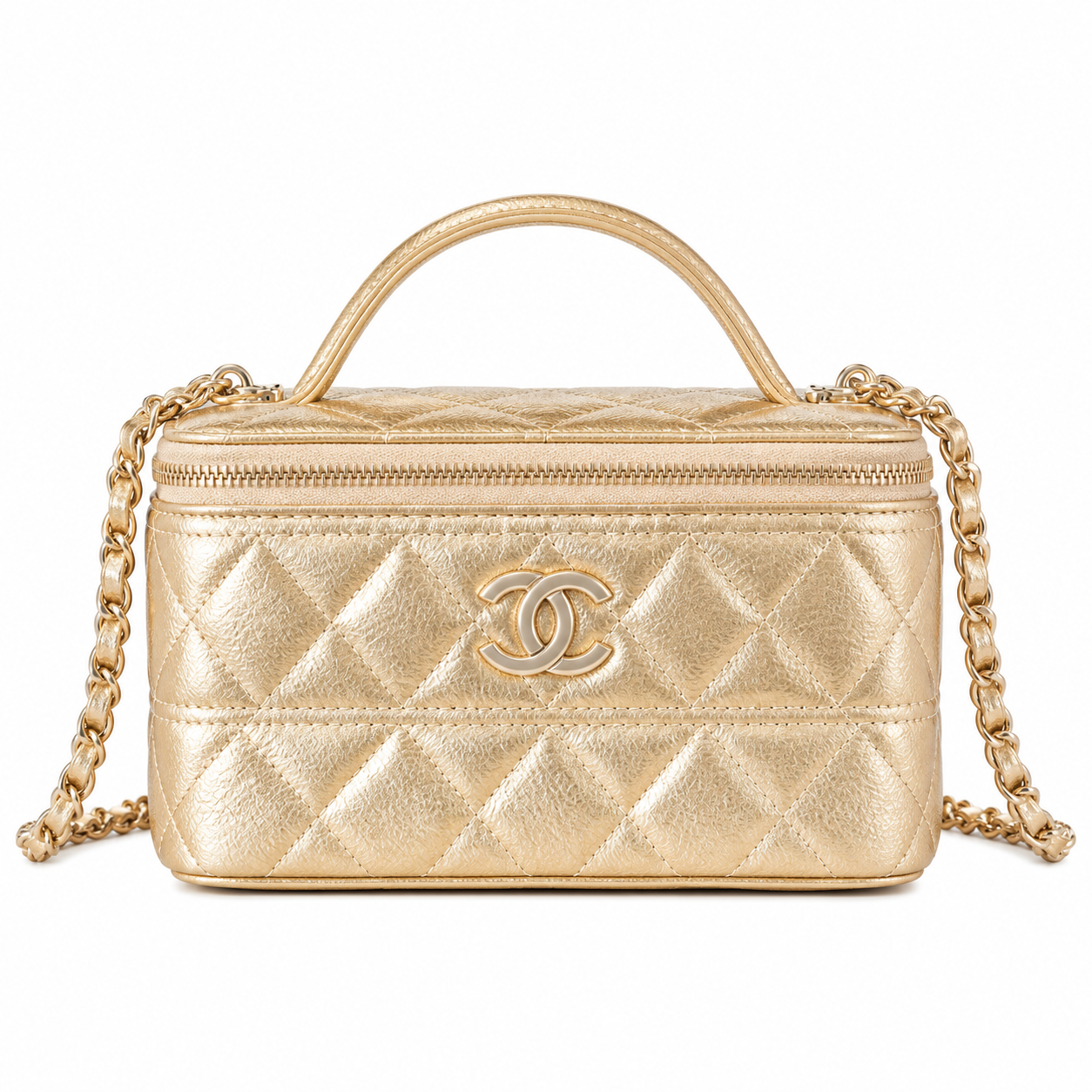 Chanel Quilted Metallic Lambskin Vanity Case Gold 17cm