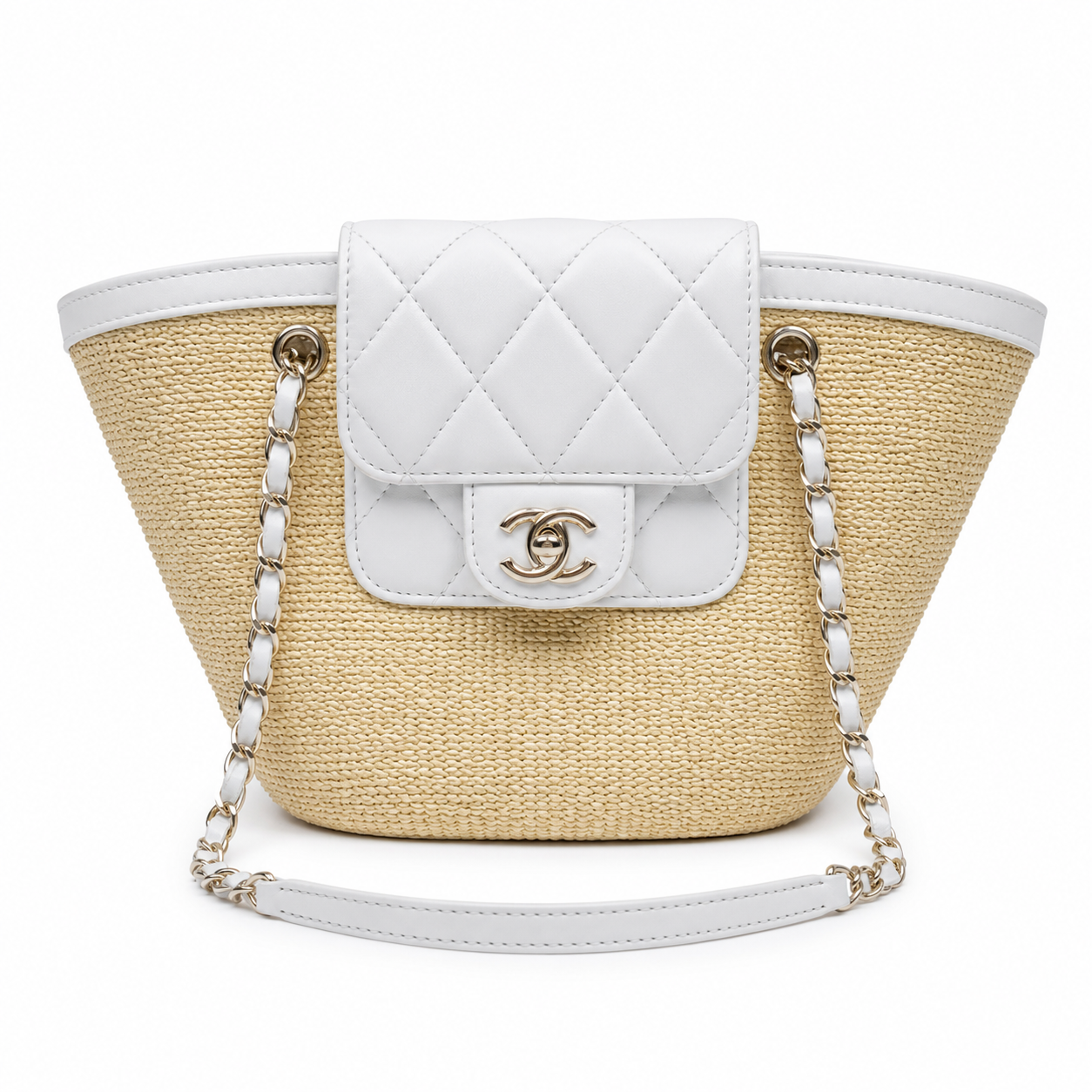 Chanel Small Basket Bag Natural Raffia & White Quilted Lambskin | Silver CC Turn-Lock — 41cm