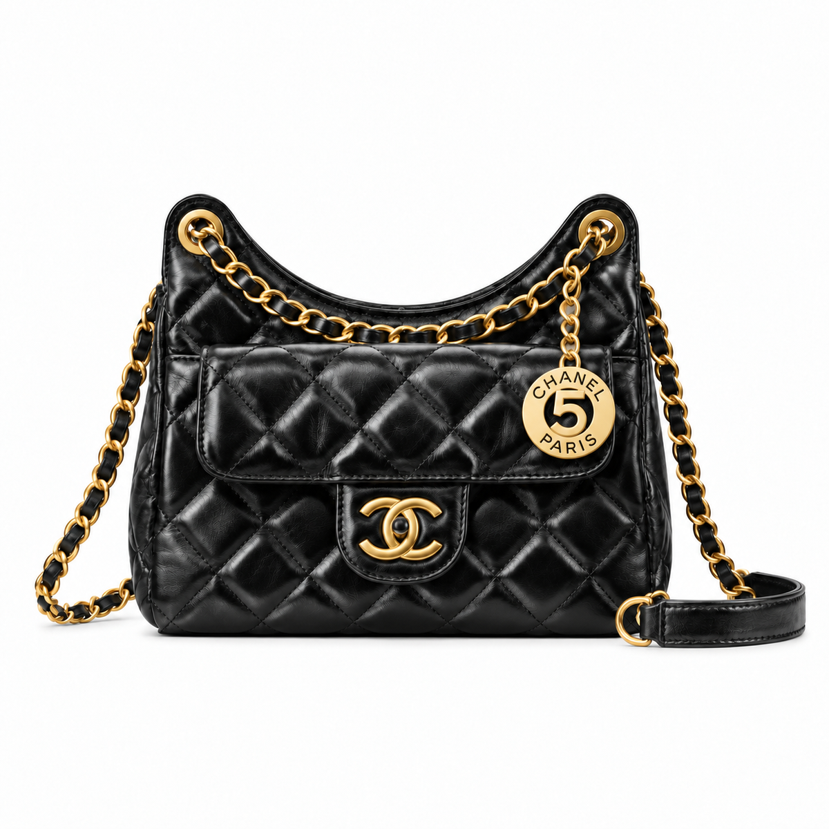 Chanel No.5 Charm Hobo Glazed Lambskin Black Gold 19cm