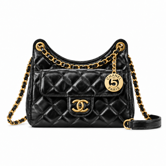 Chanel No.5 Charm Hobo Glazed Lambskin Black Gold 19cm