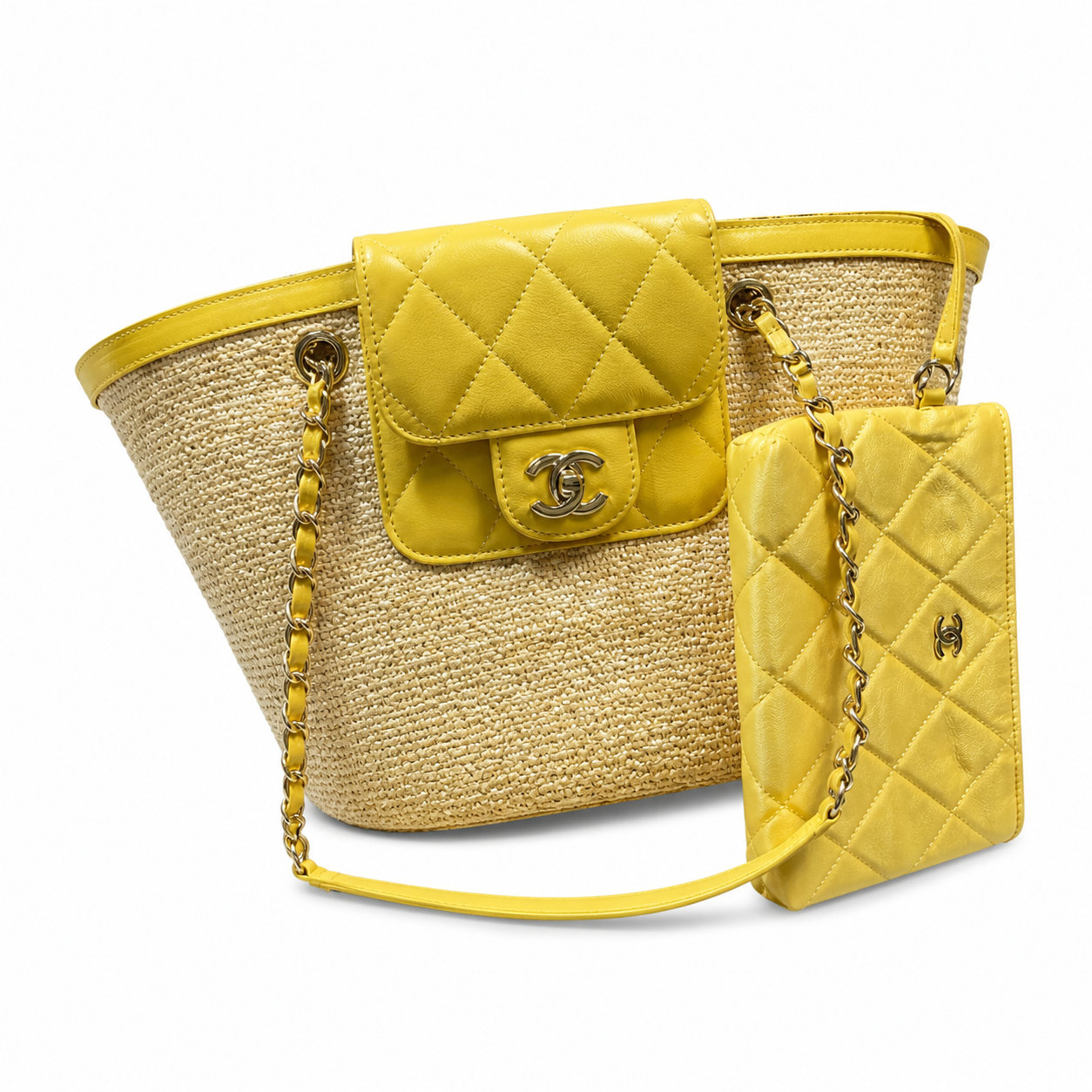 Chanel Raffia Basket Bag & Detachable Mini Flap Set Sunshine Yellow Lambskin | Gold CC — 41cm