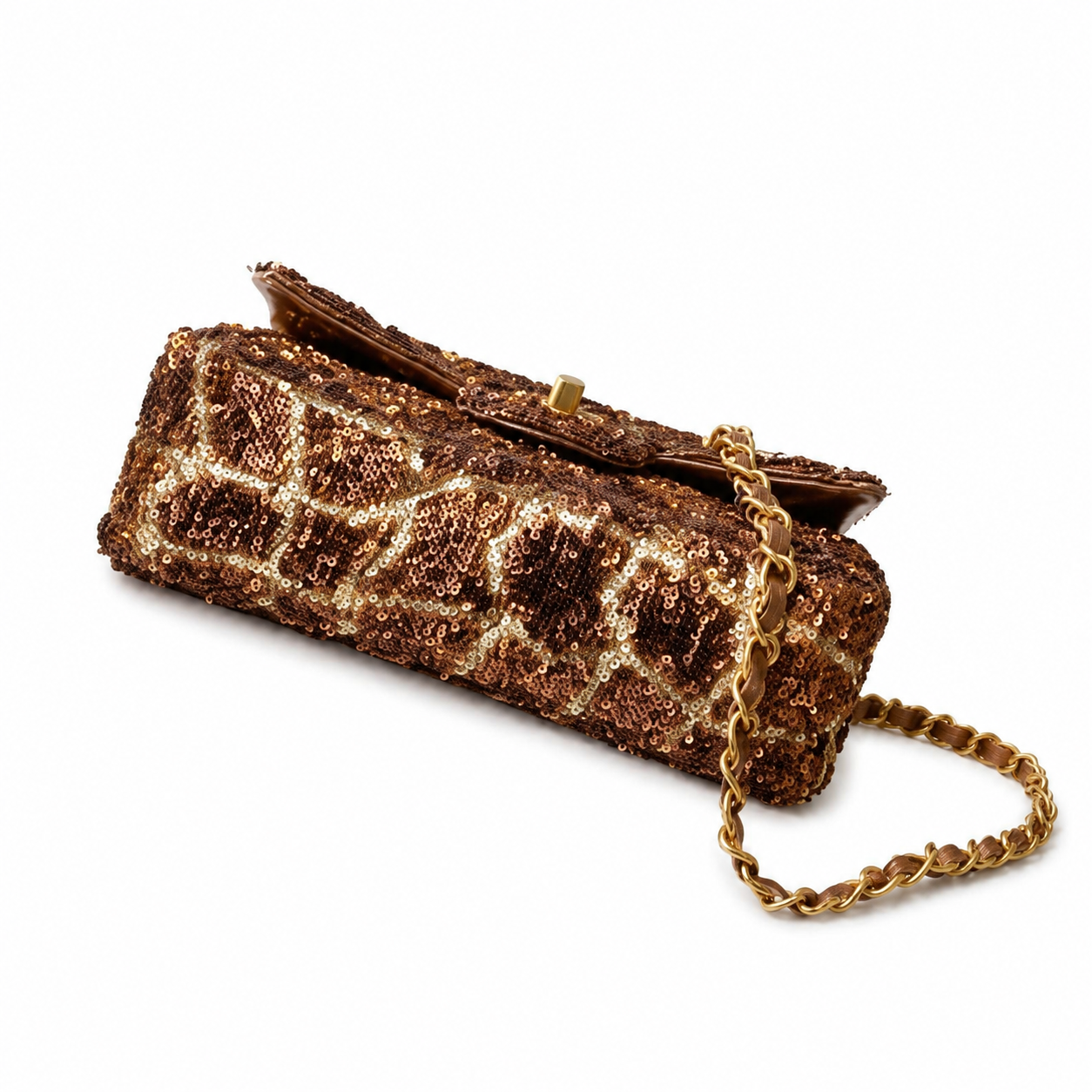 Chanel Chocolate Seed Bead & Champagne Gold Sequin Giraffe-Print Flap Bag | Antique Gold CC & Brown Leather Chain