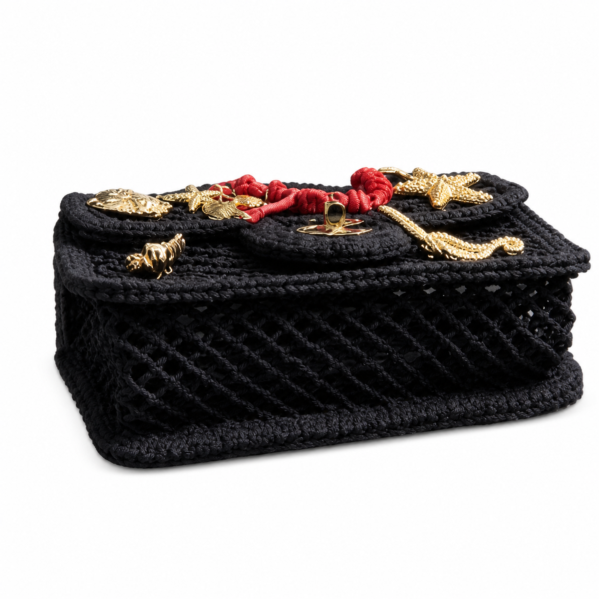 Chanel Black Crochet Classic Flap | Gold Marine Charms & Red Macramé — 21cm
