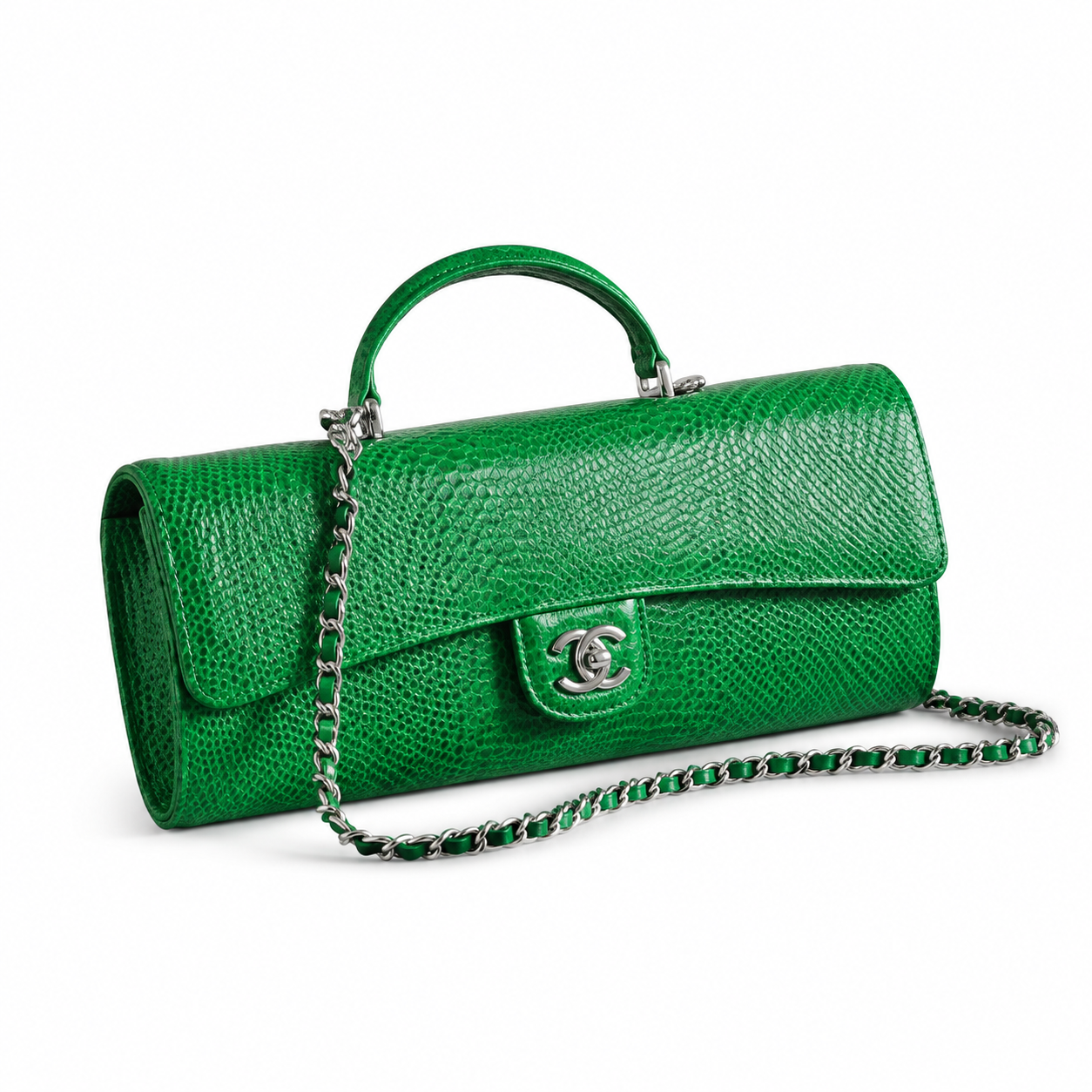 Chanel Emerald Green Lizard-Embossed Baguette Flap Bag | Top Handle & Tonal Silver Chain