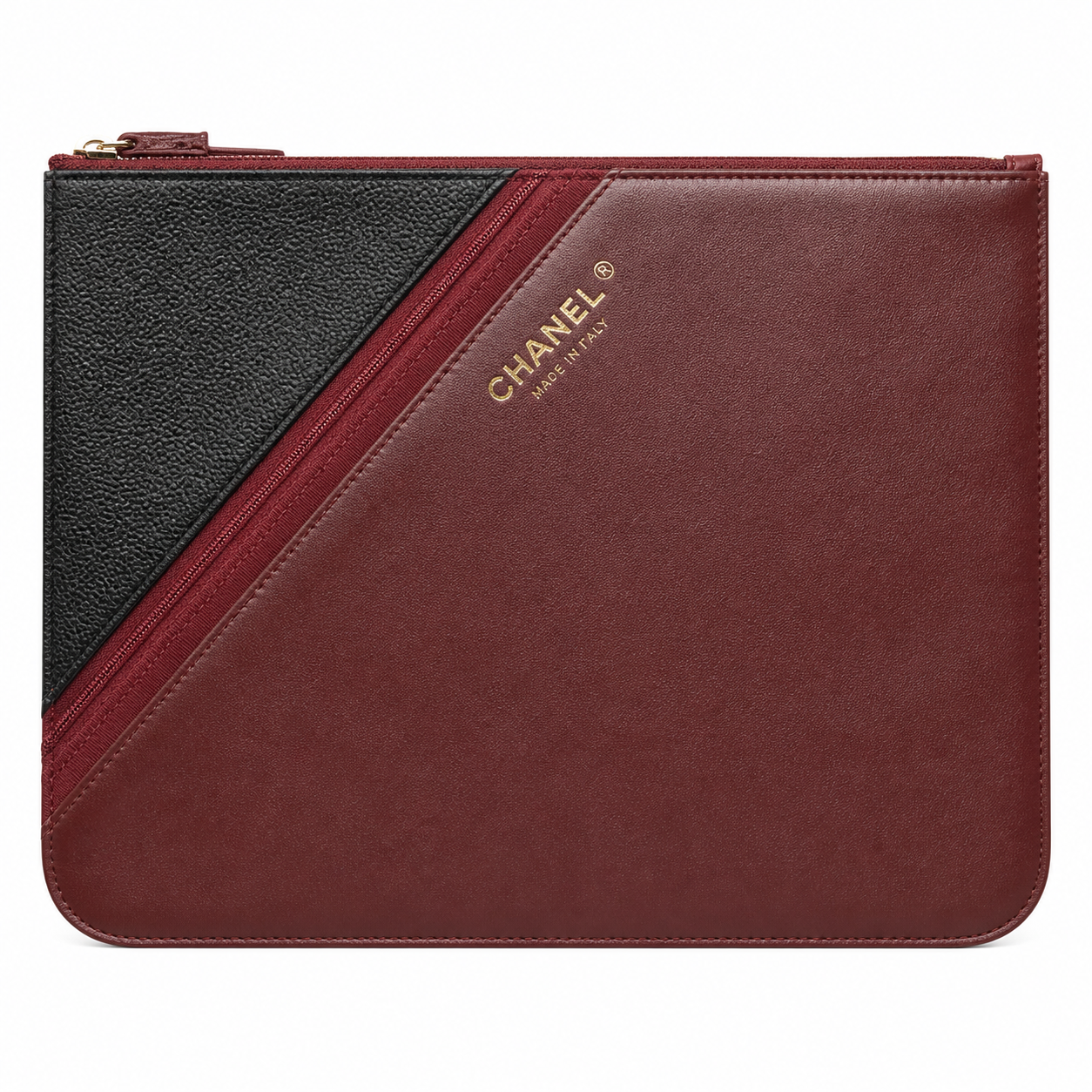 Chanel Bicolor Pouch Clutch Burgundy & Black Caviar | Diagonal Zip Pocket — 33cm