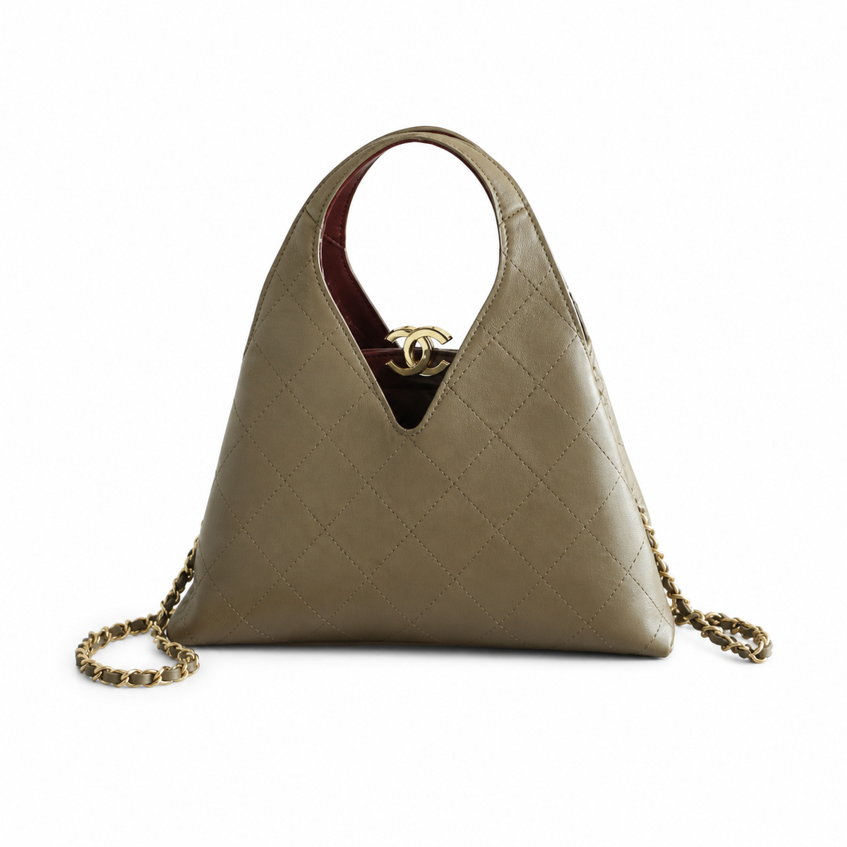 Chanel Large Hobo Bag Sage Green Diamond-Quilted Lambskin | Burgundy Interior & Gold CC Clasp — 32cm