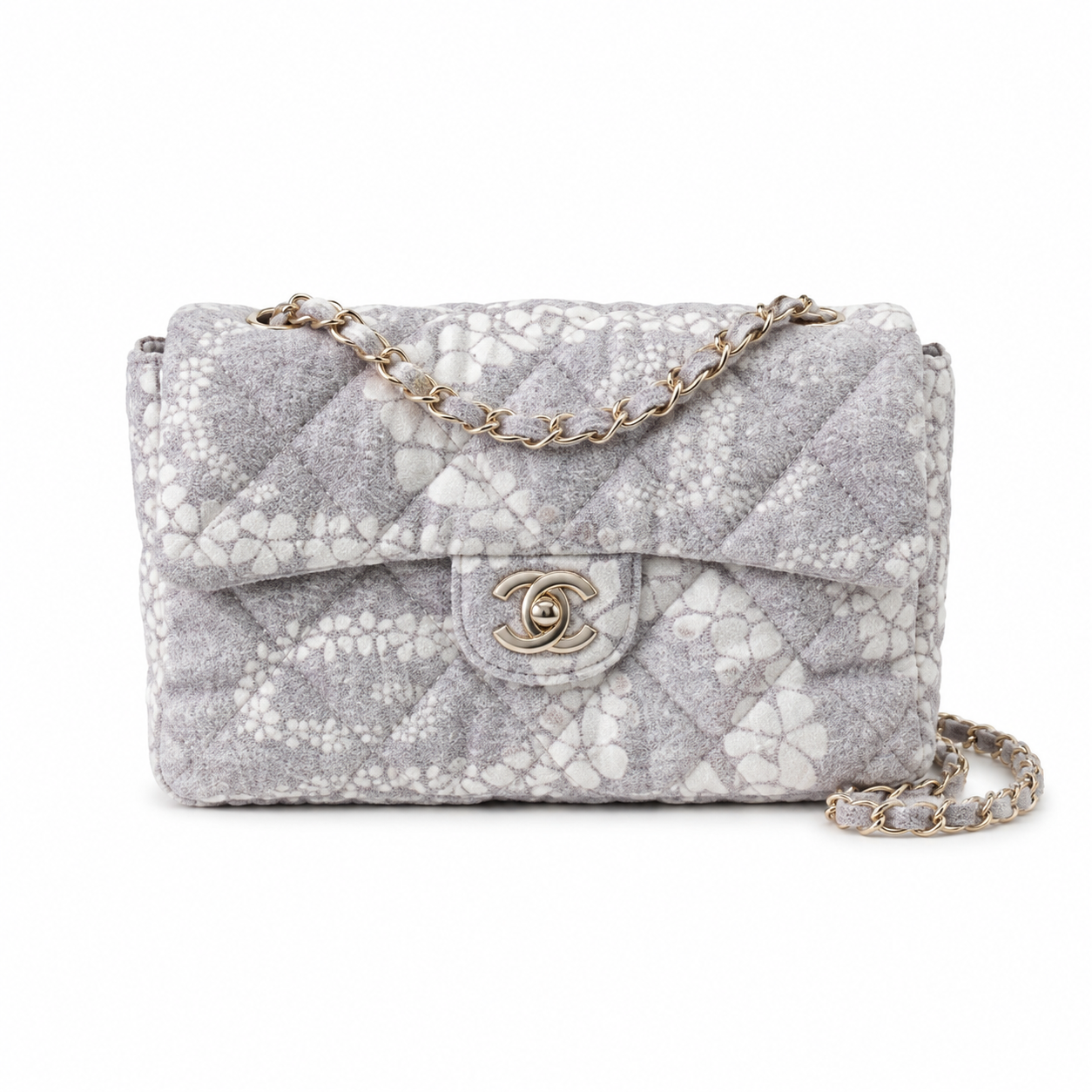 Chanel Grey & White Floral Lurex Twill Jacquard Small Classic Flap Bag | Champagne Gold CC Turn-Lock & Grey-White Leather Chain
