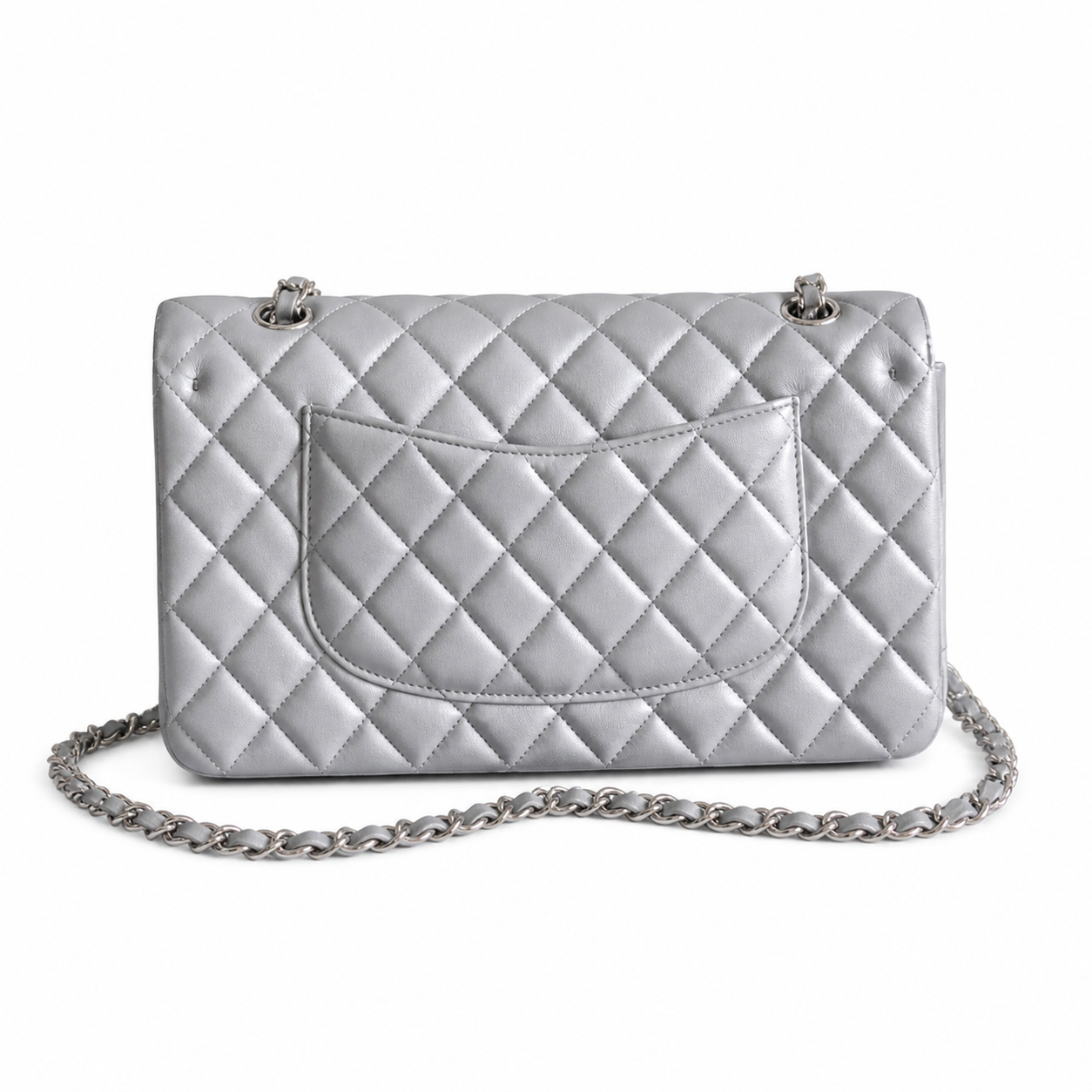 Chanel CC Quilted Double Flap Bag | Grey Lambskin & Silver — 25cm