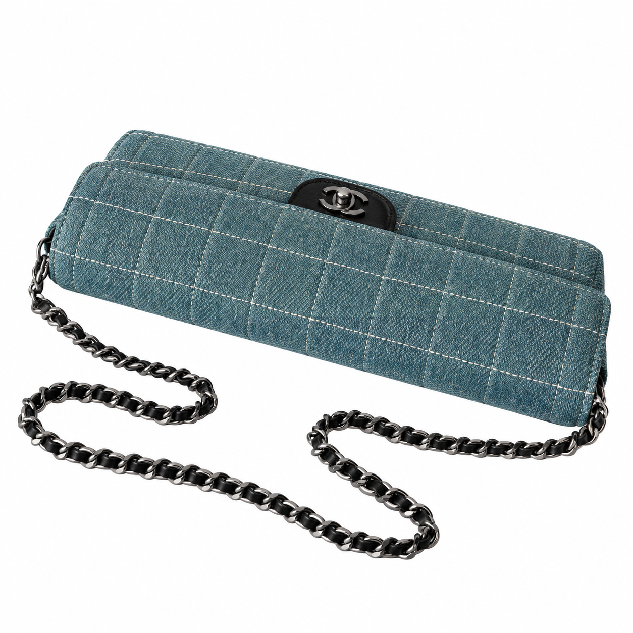 Chanel Denim Square Quilted East West Flap Bag Blue Ruthenium 26cm