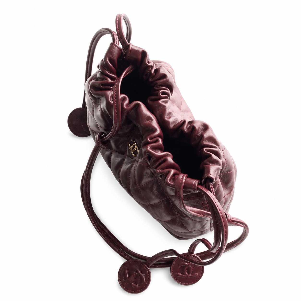 Chanel Burgundy Quilted Lambskin Drawstring Bucket | Tonal CC Coin Discs & Gold CC — 22cm