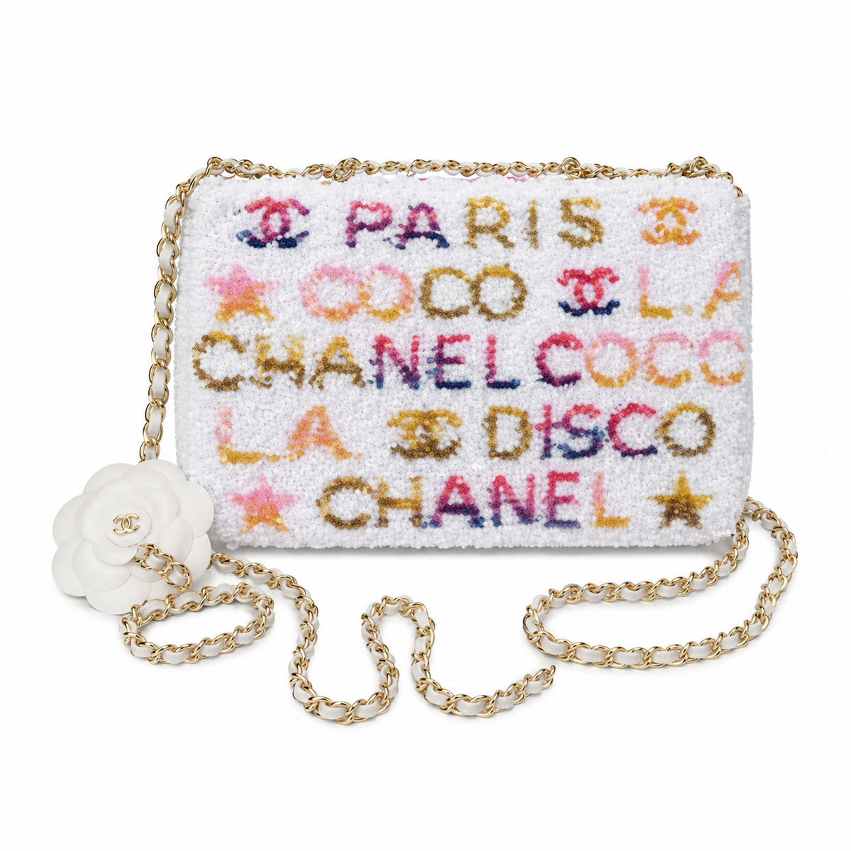Chanel White Sequin Multicolour Text Flap Bag | CHANEL PARIS COCO LA DISCO, White Camellia Charm & Gold Chain