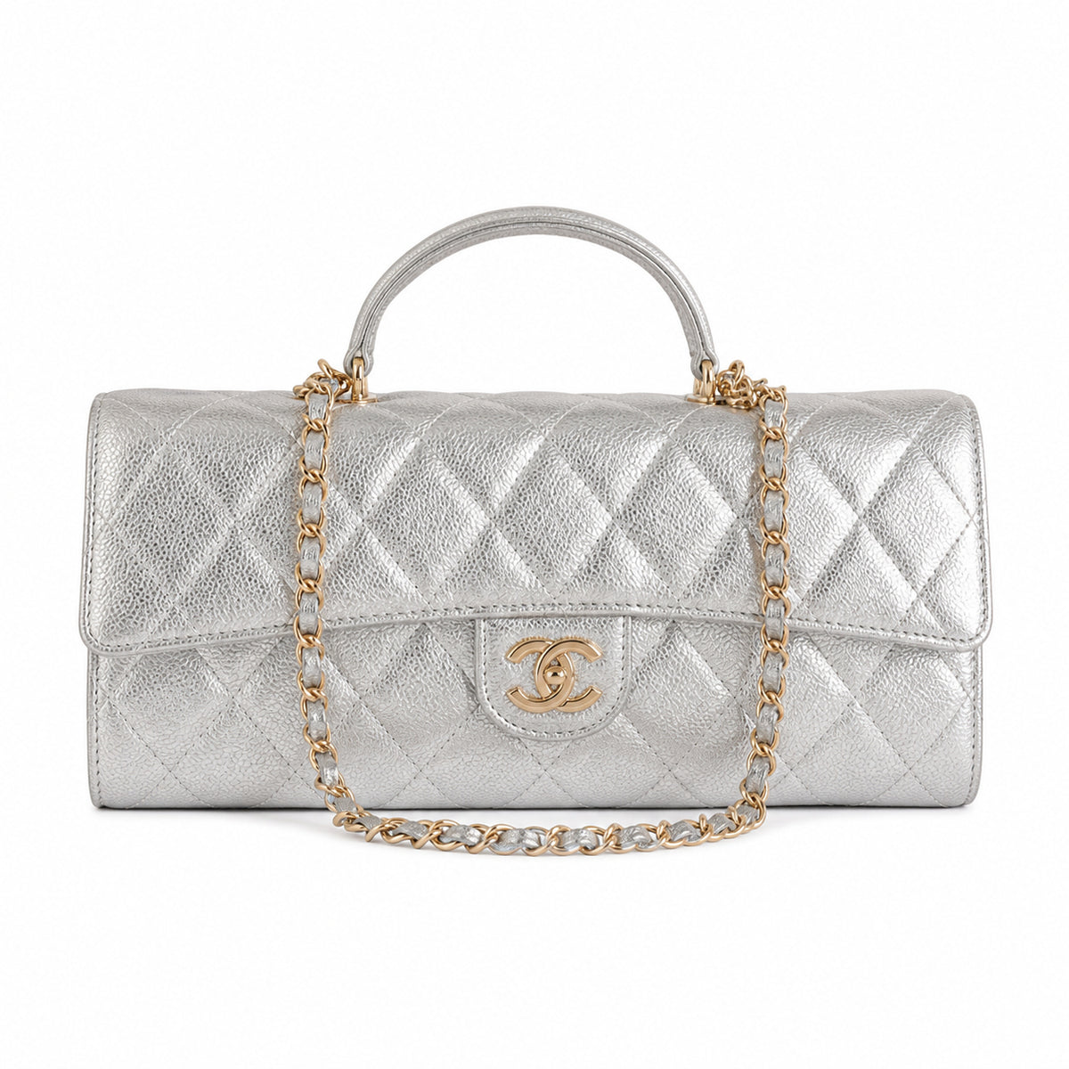 Chanel CC Quilted Cylindrical Flap Bag | Silver Metallic & Gold — 25cm