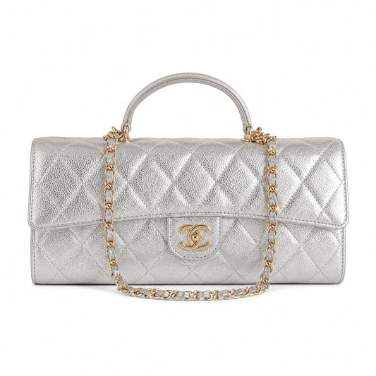 Chanel CC Quilted Cylindrical Flap Bag | Silver Metallic & Gold — 25cm