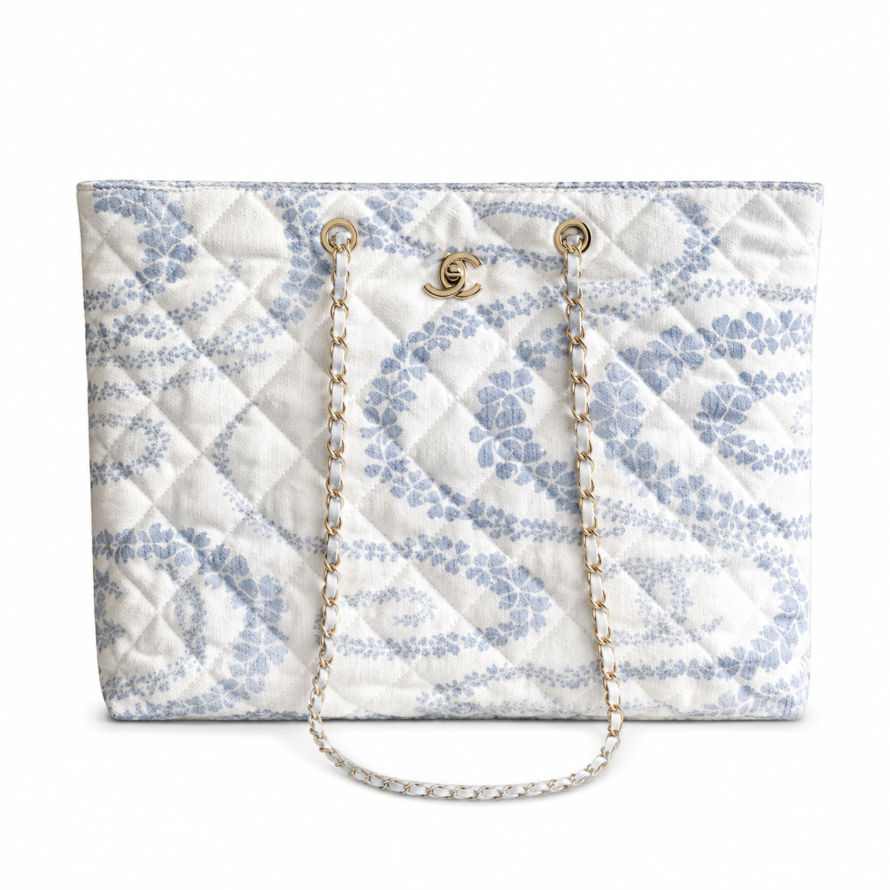 Chanel White & Blue Floral Jacquard Quilted Shopping Tote | White-Rimmed Gold CC Turn-Lock & Gold Chain Shoulder Strap