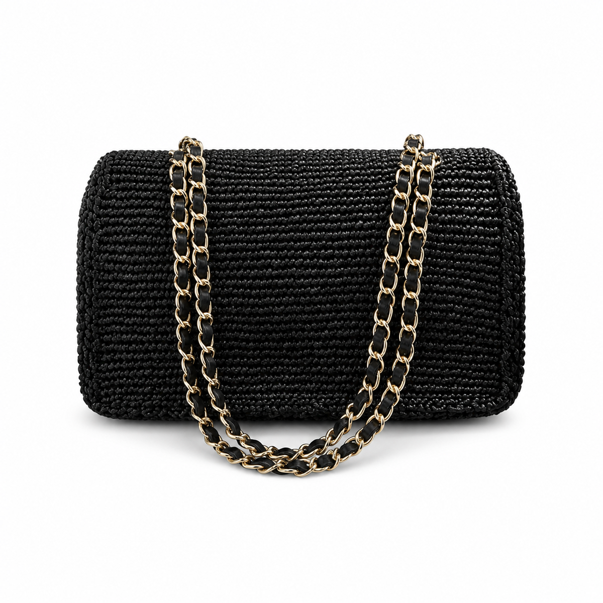 Chanel CC Raffia Woven Flap Bag | Black & Gold Chain — 25cm