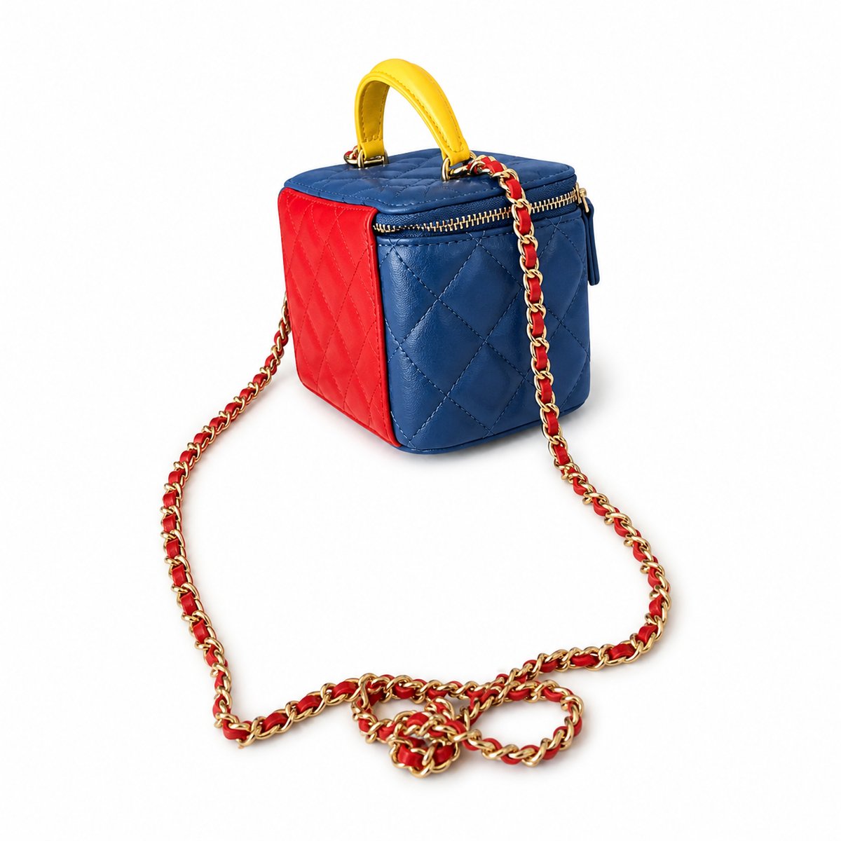 Chanel Tricolor Blue, Red & Yellow Quilted Lambskin Vanity Box | Yellow Handle — 17cm
