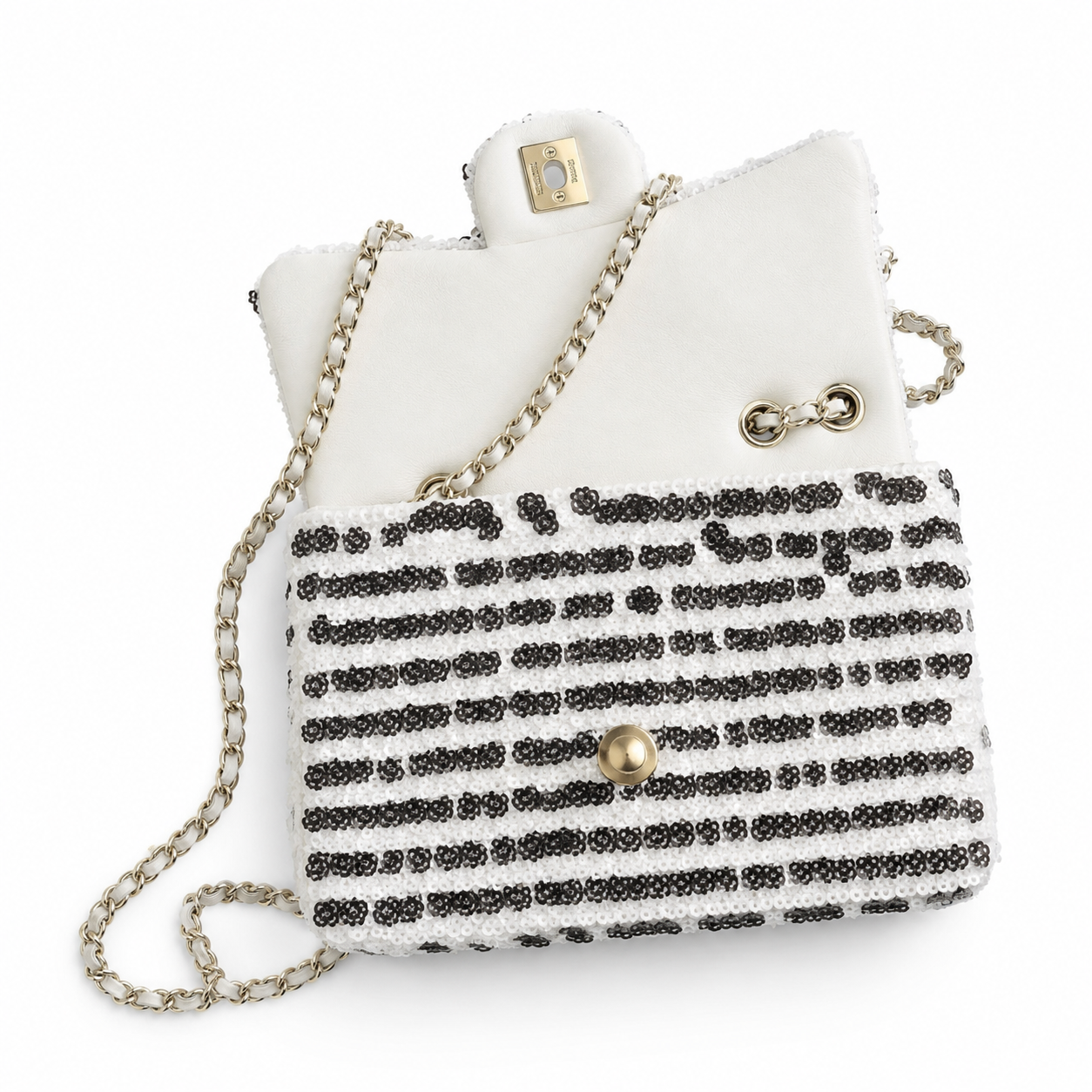 Chanel Floral Bead Stripe Flap Bag | CC Gold Chain Black White — 14x21cm