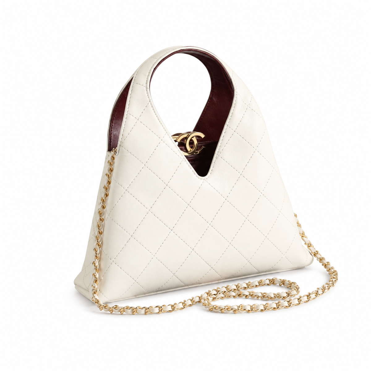 Chanel Large Hobo Bag Ivory White Diamond-Quilted Lambskin | Burgundy Interior & Gold CC Clasp — 32cm