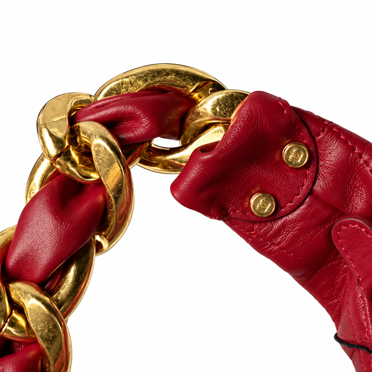 Chanel Zip Hobo Quilted Lambskin Red Chunky Chain Handle Gold 28cm