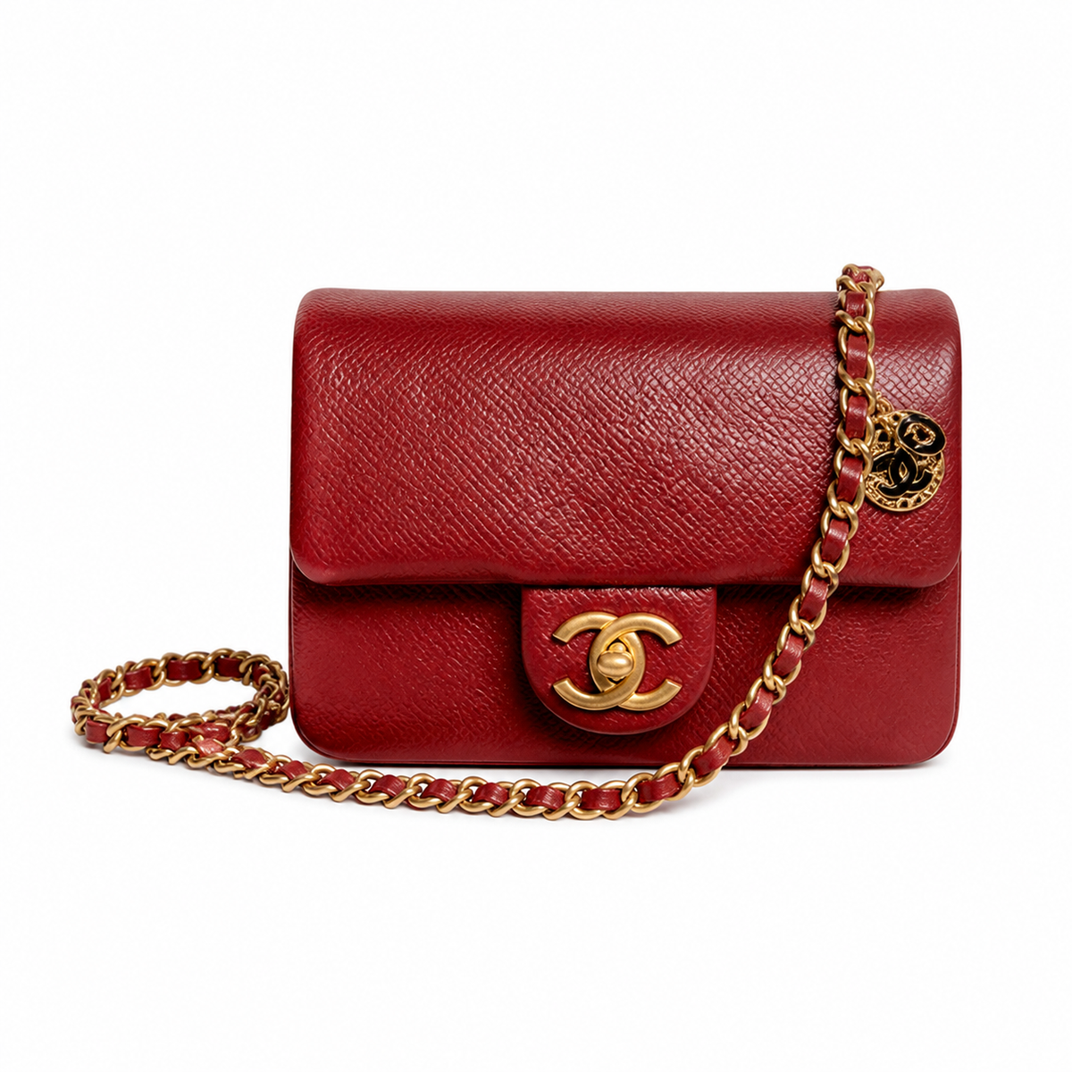 Chanel Mini Flap Bag Red Caviar Leather | Aged Gold CC & Red Chain — 17.5cm