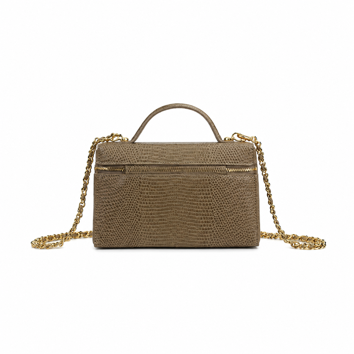 Chanel Warm Taupe Lizard-Embossed Mini Top-Handle Bag | Gold Chain, Zip Top & Card Slots