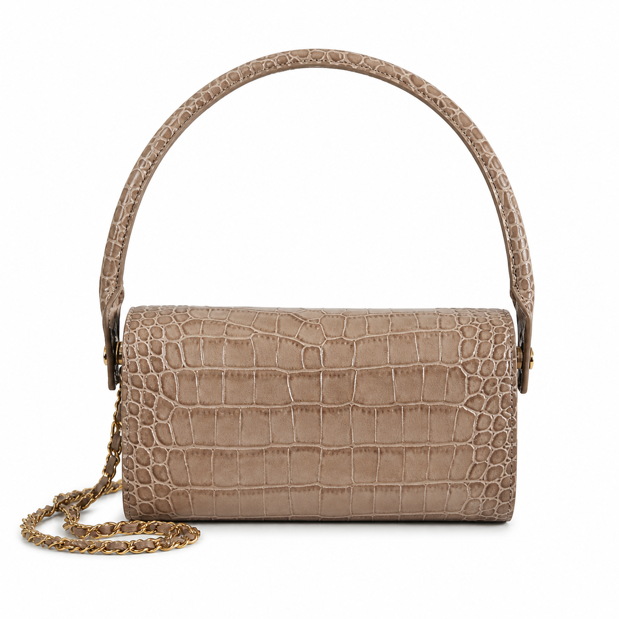 Chanel CC Croc-Embossed Cylindrical Flap Bag | Taupe & Gold — 23cm